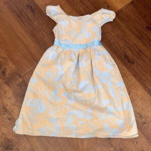 Hanna Andersson girls khaki gold & blue lightweight dress Sz 130/8 ribbon